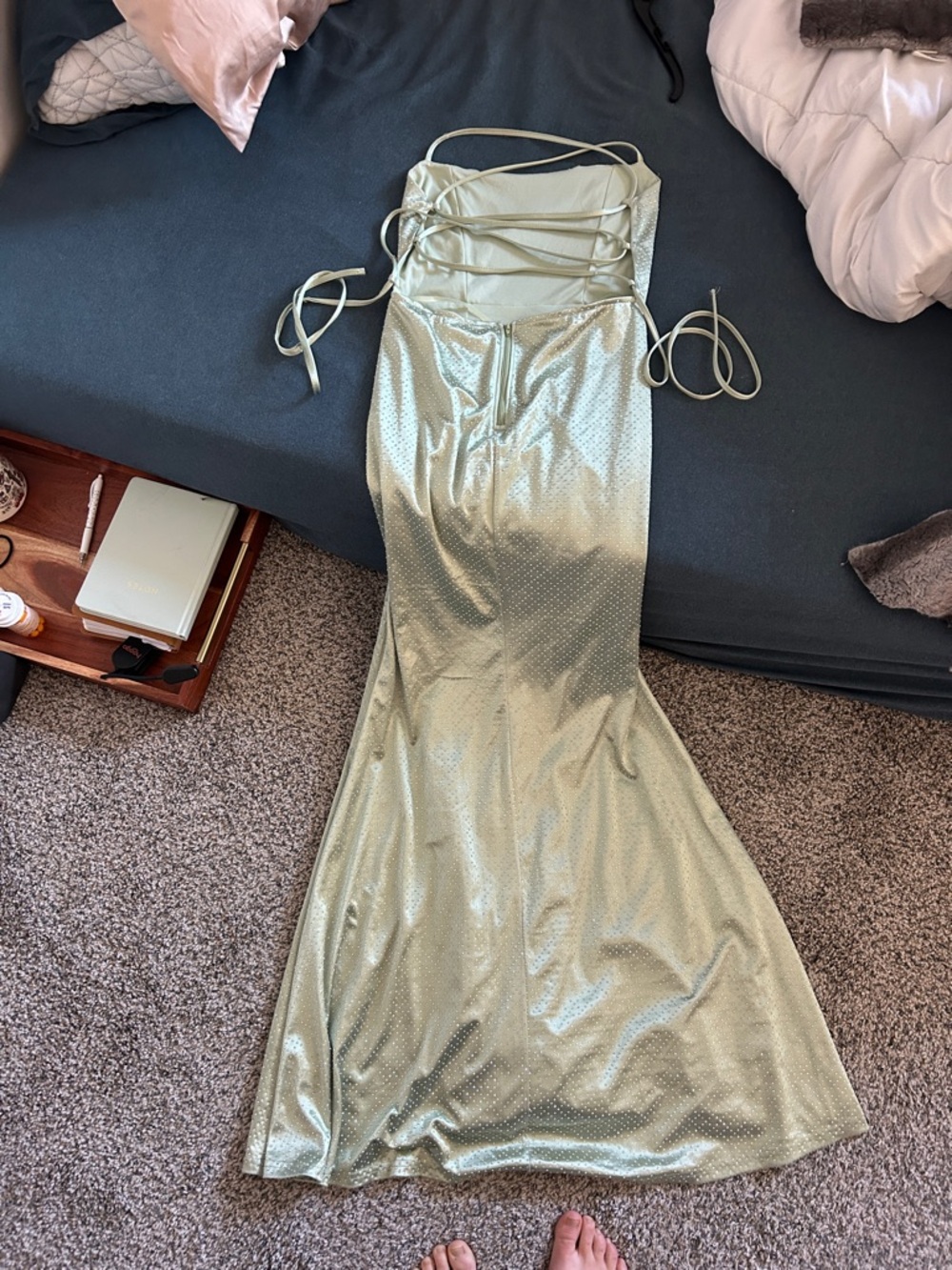 Sleek Shimmery Sage Green Slip Dress with Strappy Back